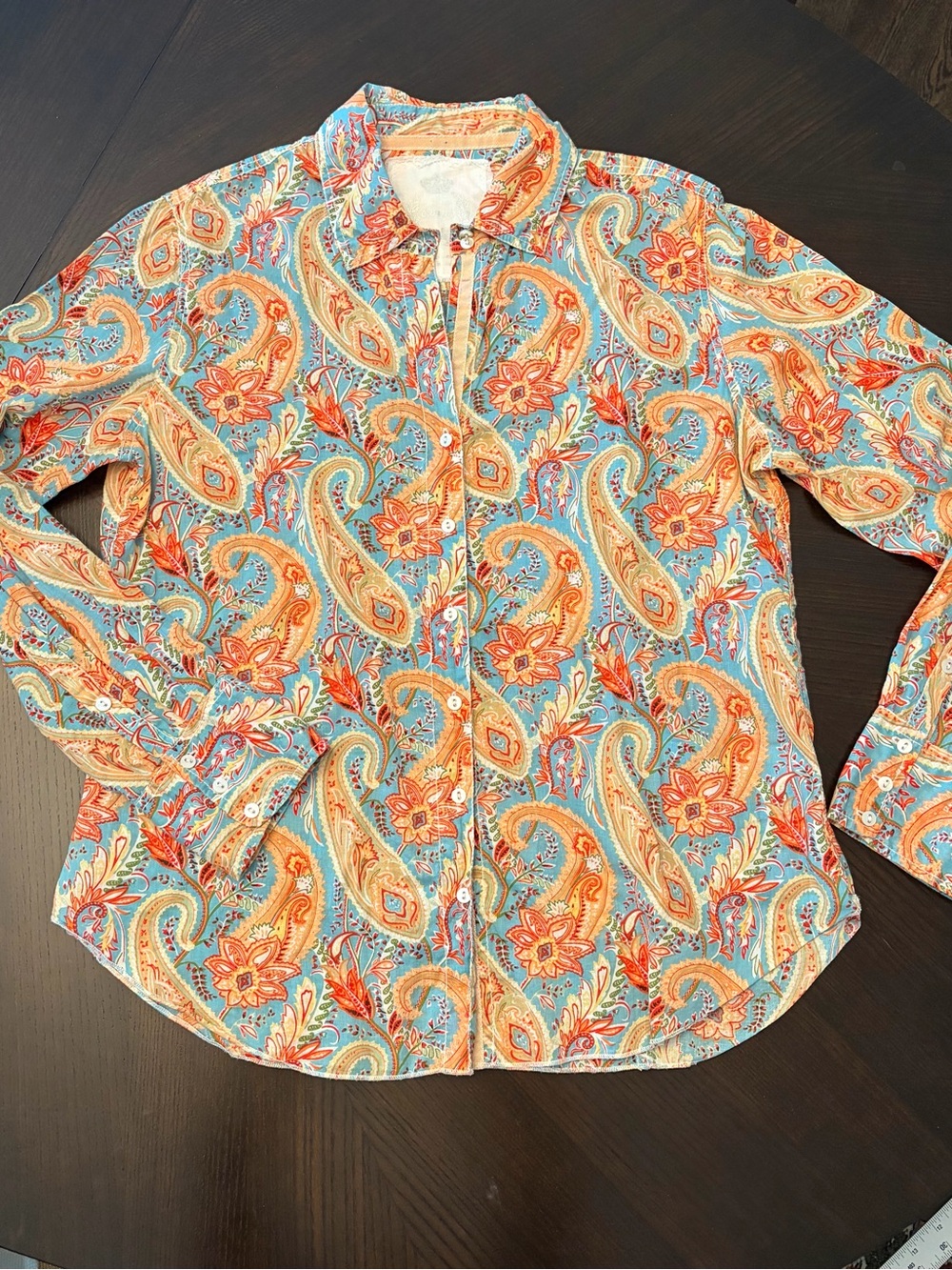 Cino Women’s Paisley Boho Button-Up Shirt in Aqua & Peach Roll Tab Size Medium